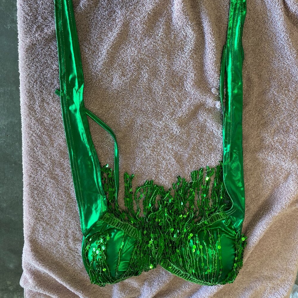 Emerald Green Sequin Fringe Bustier Crop Top Metallic Festival Rave Party Top